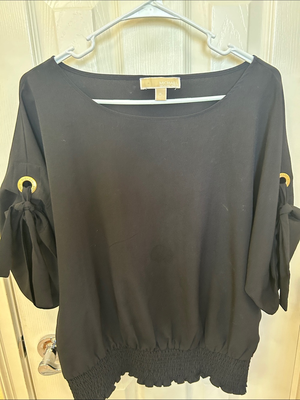 MICHAEL Michael Kors Black Blouse with Tie-Sleeve and Gold Grommet Detail